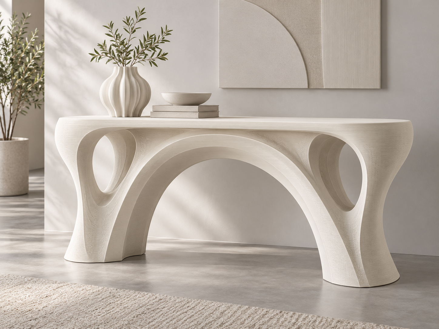 Design render of an ivory sculptural console table with curved openings and layered texture