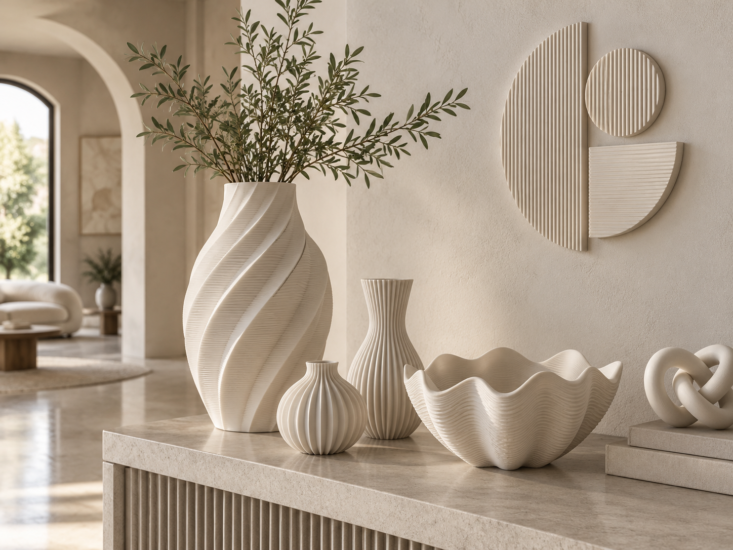 Design render of cream sculptural vases, a wavy bowl and textured wall decor in a neutral interior