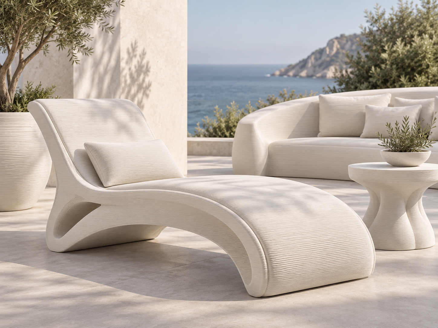 Design render of layered ivory outdoor lounge seating and a side table on a patio