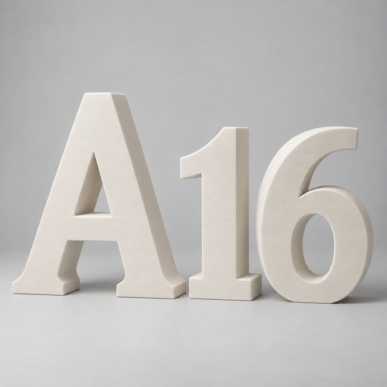 Design render of freestanding ivory dimensional letters and numbers with a fine layered texture