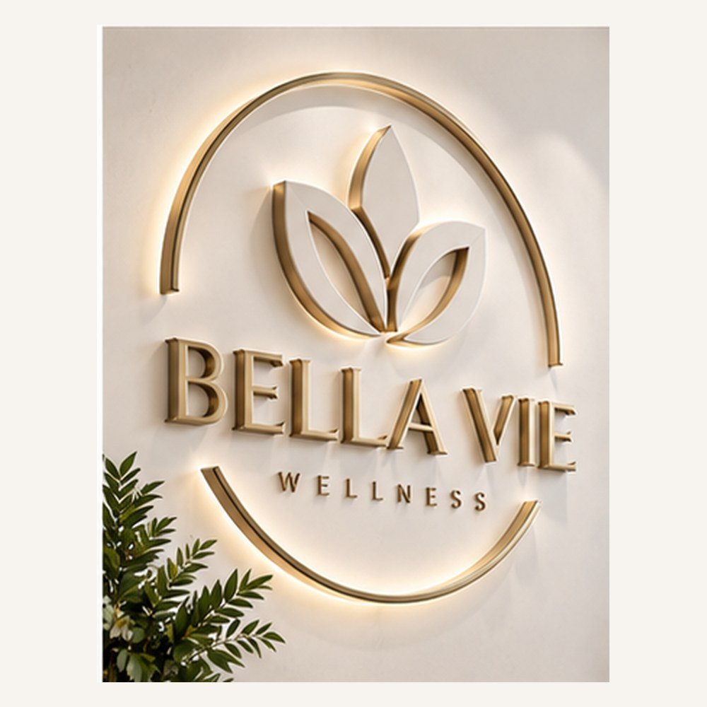 Dimensional business logo sign with ivory and gold detailing.