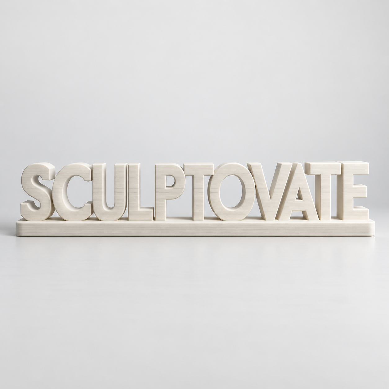 Design render of SCULPTOVATE in dimensional ivory 3D-printed-style letters on a matching base